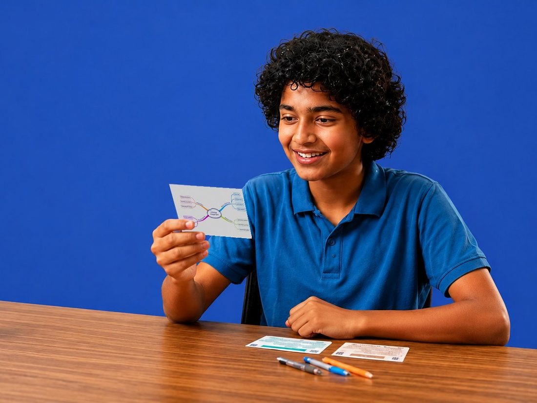 A student holding a flashcard, revising a topic